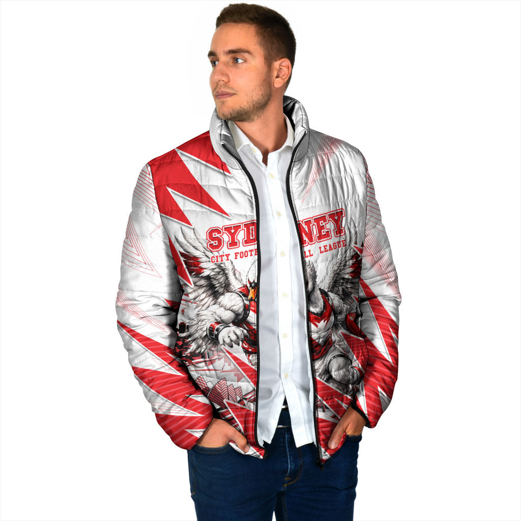 Personalised Sydney Swans Fan Pride Padded Jacket Fierce Swan Mascot Graphic Art With Sydney City Skyline