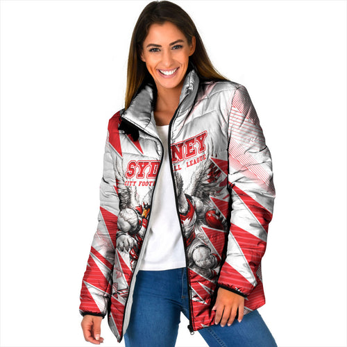 Personalised Sydney Swans Fan Pride Padded Jacket Fierce Swan Mascot Graphic Art With Sydney City Skyline
