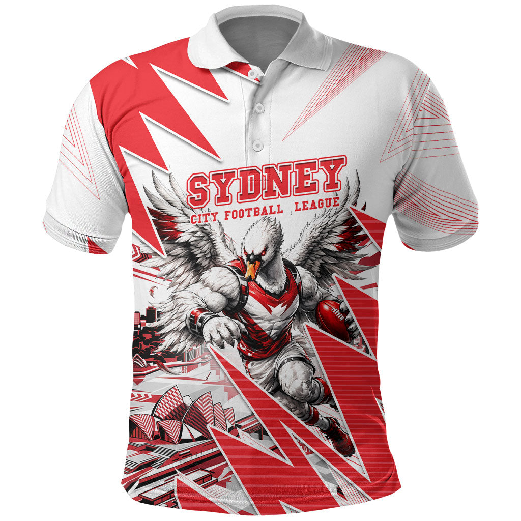 Personalised Sydney Swans Fan Pride Polo Shirt Fierce Swan Mascot Graphic Art With Sydney City Skyline