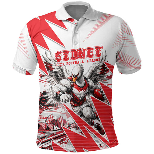 Personalised Sydney Swans Fan Pride Polo Shirt Fierce Swan Mascot Graphic Art With Sydney City Skyline