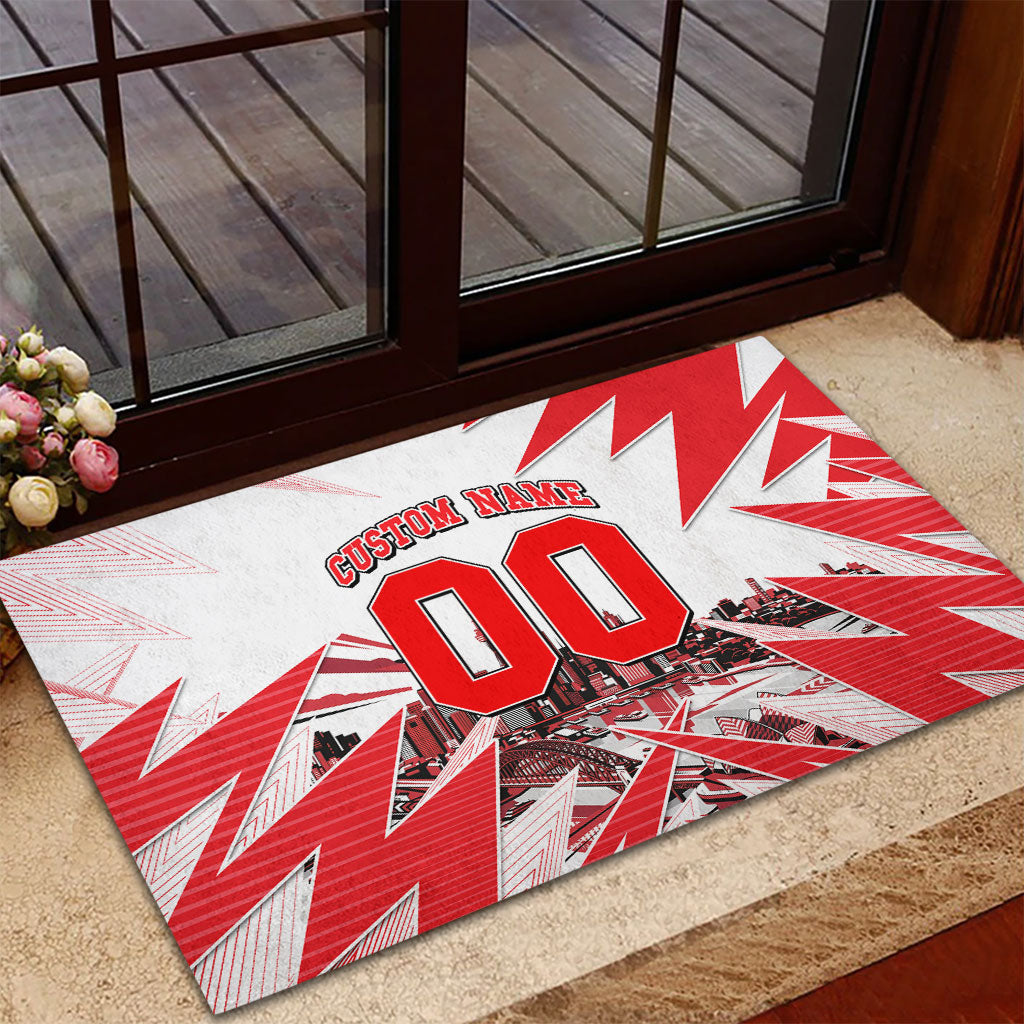 Personalised Sydney Swans Fan Pride Rubber Doormat Fierce Swan Mascot Graphic Art With Sydney City Skyline