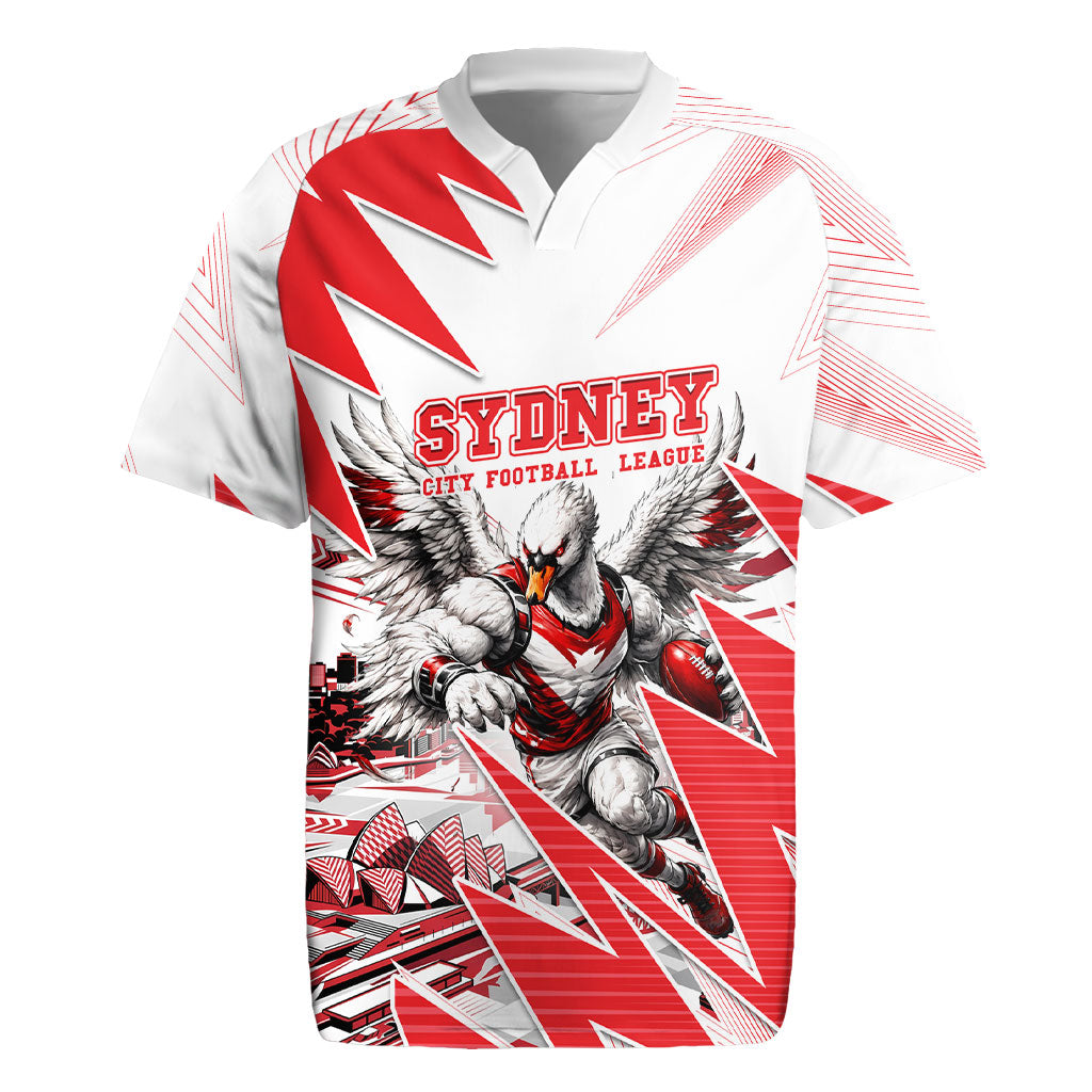 Personalised Sydney Swans Fan Pride Rugby Jersey Fierce Swan Mascot Graphic Art With Sydney City Skyline