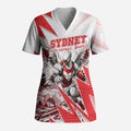 Personalised Sydney Swans Fan Pride Scrub Top Fierce Swan Mascot Graphic Art With Sydney City Skyline