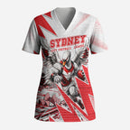 Personalised Sydney Swans Fan Pride Scrub Top Fierce Swan Mascot Graphic Art With Sydney City Skyline