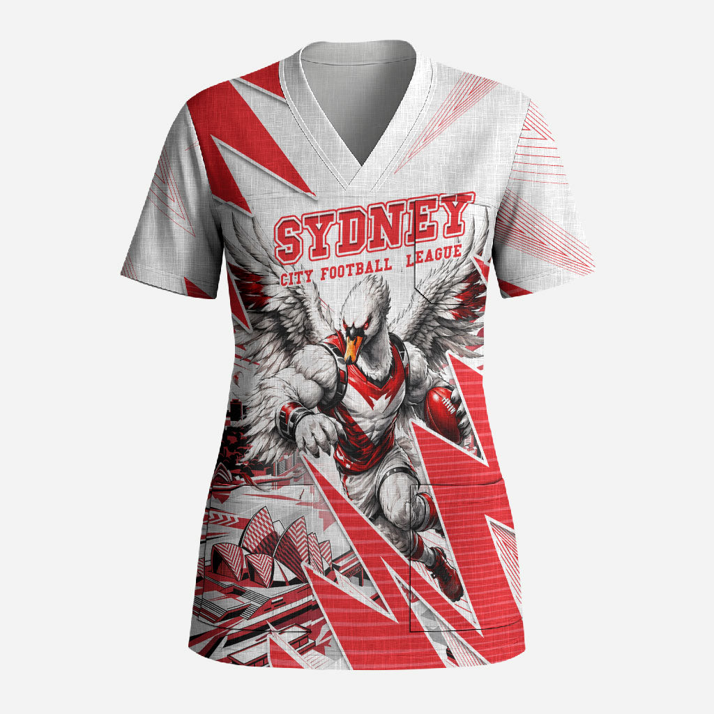 Personalised Sydney Swans Fan Pride Scrub Top Fierce Swan Mascot Graphic Art With Sydney City Skyline