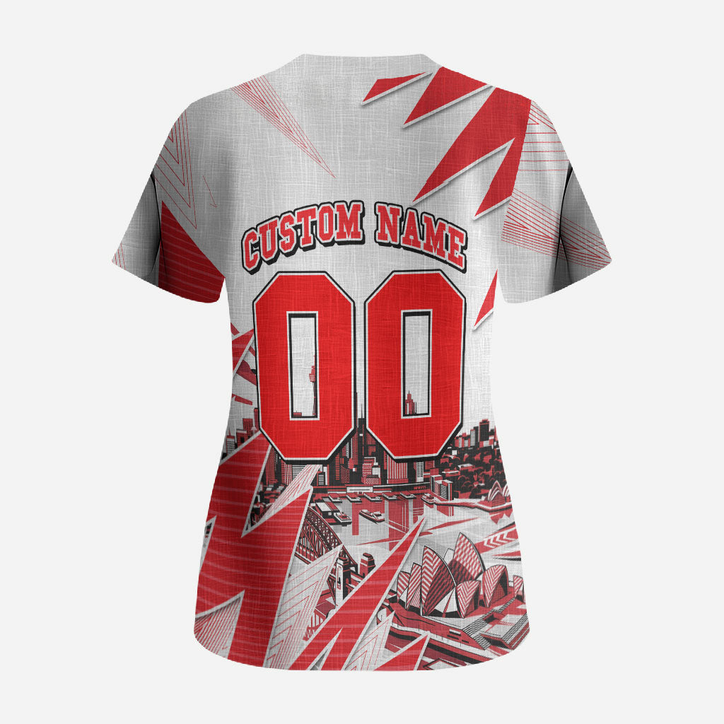 Personalised Sydney Swans Fan Pride Scrub Top Fierce Swan Mascot Graphic Art With Sydney City Skyline