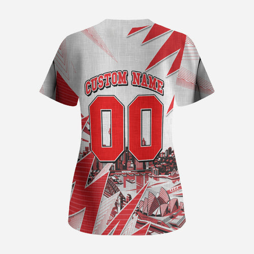 Personalised Sydney Swans Fan Pride Scrub Top Fierce Swan Mascot Graphic Art With Sydney City Skyline