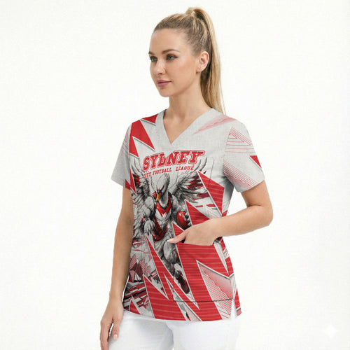 Personalised Sydney Swans Fan Pride Scrub Top Fierce Swan Mascot Graphic Art With Sydney City Skyline