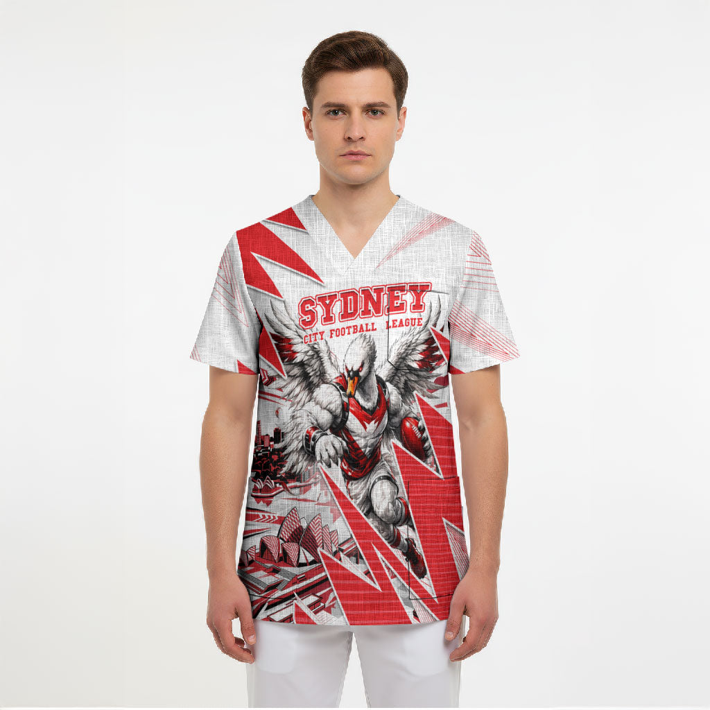 Personalised Sydney Swans Fan Pride Scrub Top Fierce Swan Mascot Graphic Art With Sydney City Skyline