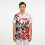 Personalised Sydney Swans Fan Pride Scrub Top Fierce Swan Mascot Graphic Art With Sydney City Skyline
