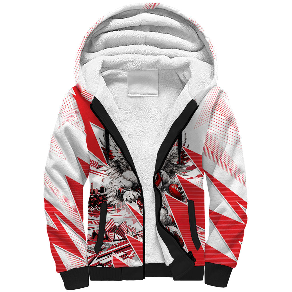 Personalised Sydney Swans Fan Pride Sherpa Hoodie Fierce Swan Mascot Graphic Art With Sydney City Skyline