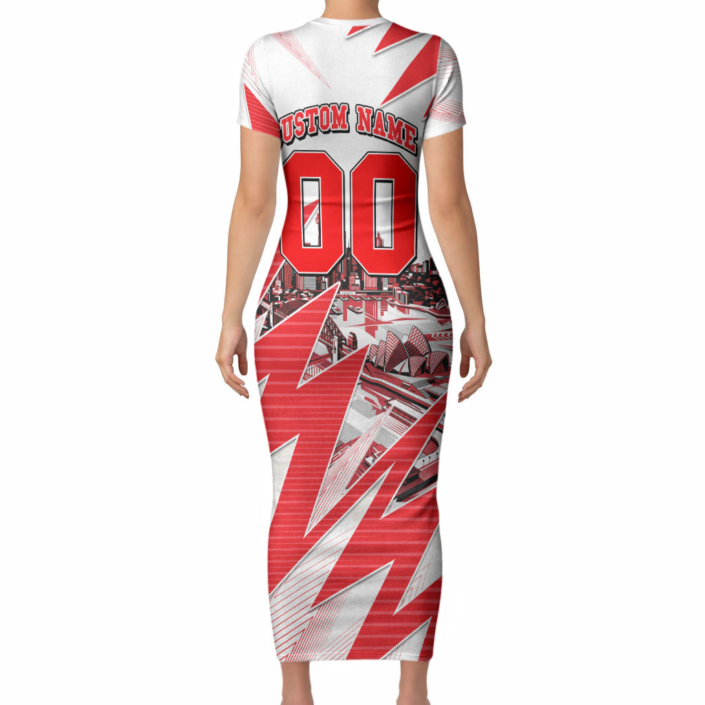 Personalised Sydney Swans Fan Pride Short Sleeve Bodycon Dress Fierce Swan Mascot Graphic Art With Sydney City Skyline