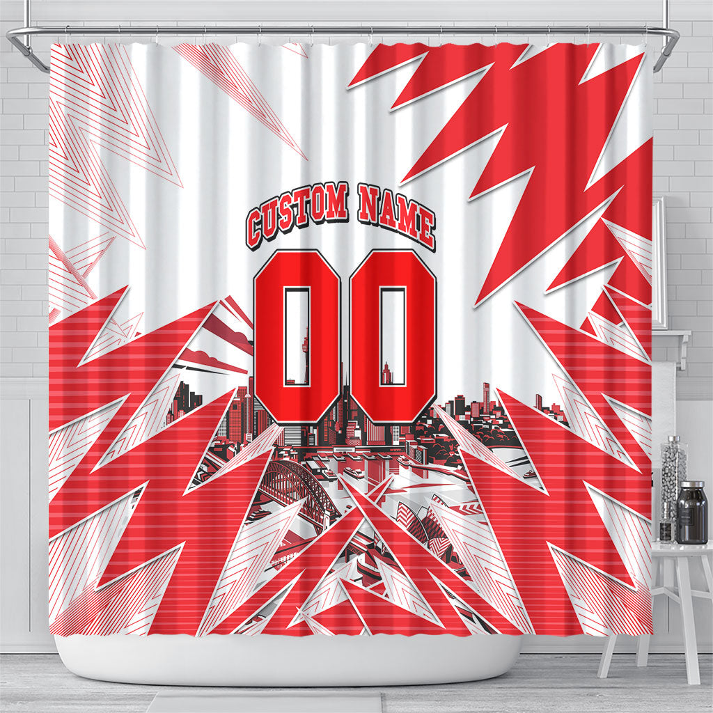 Personalised Sydney Swans Fan Pride Shower Curtain Fierce Swan Mascot Graphic Art With Sydney City Skyline