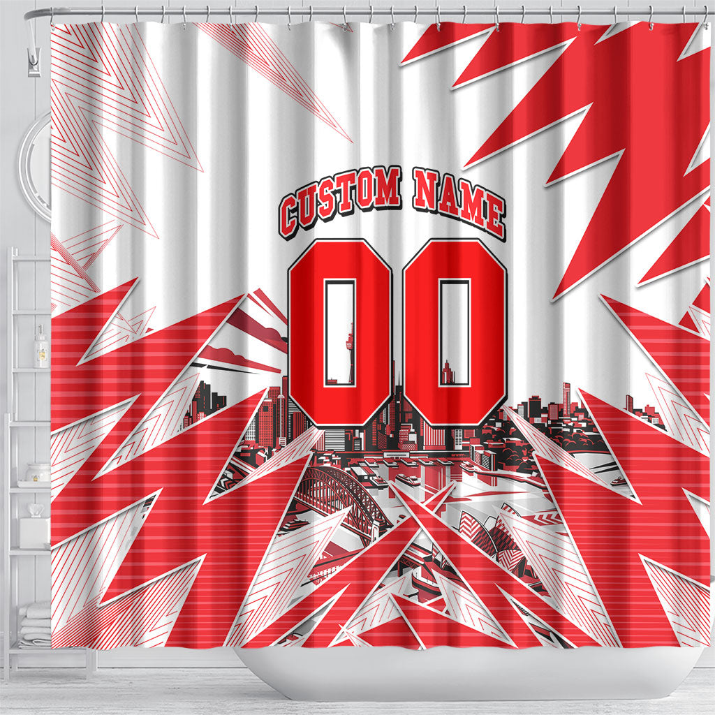 Personalised Sydney Swans Fan Pride Shower Curtain Fierce Swan Mascot Graphic Art With Sydney City Skyline