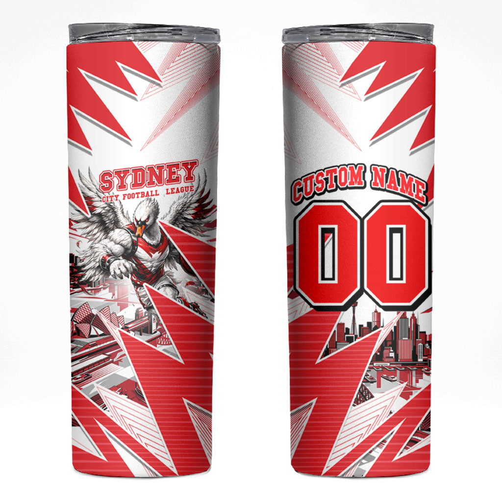 Personalised Sydney Swans Fan Pride Skinny Tumbler Fierce Swan Mascot Graphic Art With Sydney City Skyline