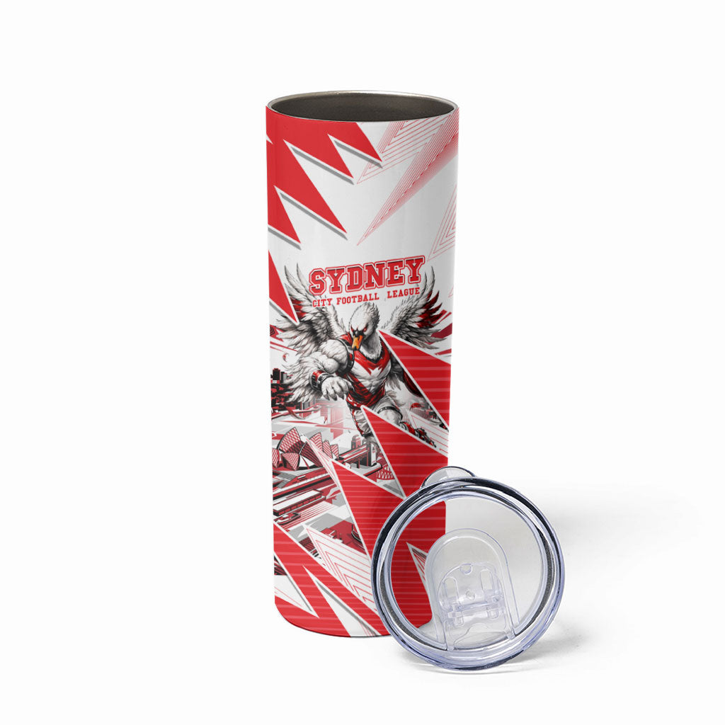 Personalised Sydney Swans Fan Pride Skinny Tumbler Fierce Swan Mascot Graphic Art With Sydney City Skyline