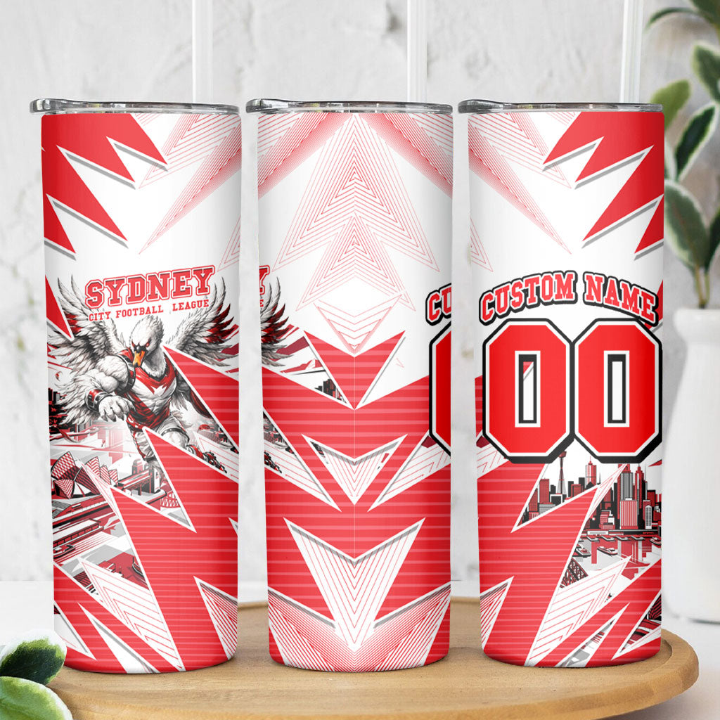 Personalised Sydney Swans Fan Pride Skinny Tumbler Fierce Swan Mascot Graphic Art With Sydney City Skyline