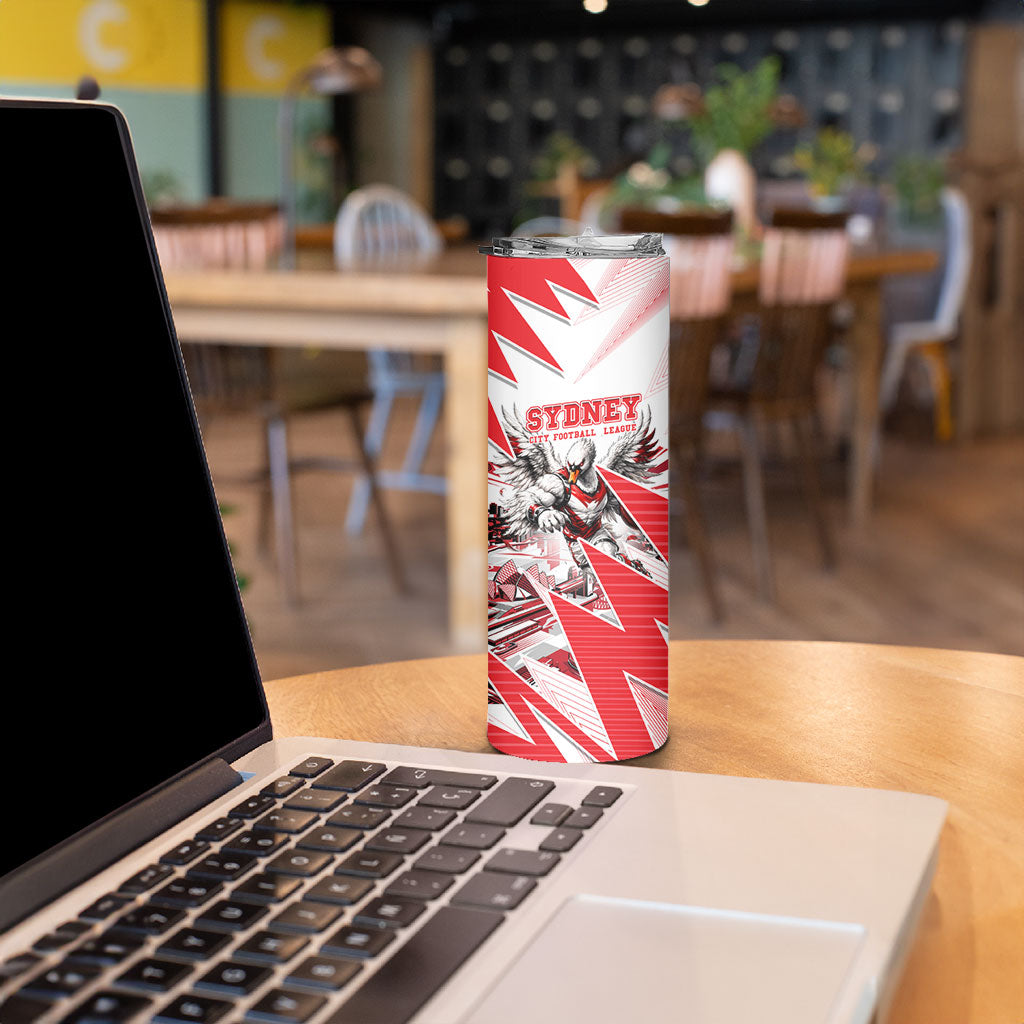 Personalised Sydney Swans Fan Pride Skinny Tumbler Fierce Swan Mascot Graphic Art With Sydney City Skyline
