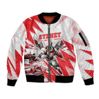 Personalised Sydney Swans Fan Pride Sleeve Zip Bomber Jacket Fierce Swan Mascot Graphic Art With Sydney City Skyline