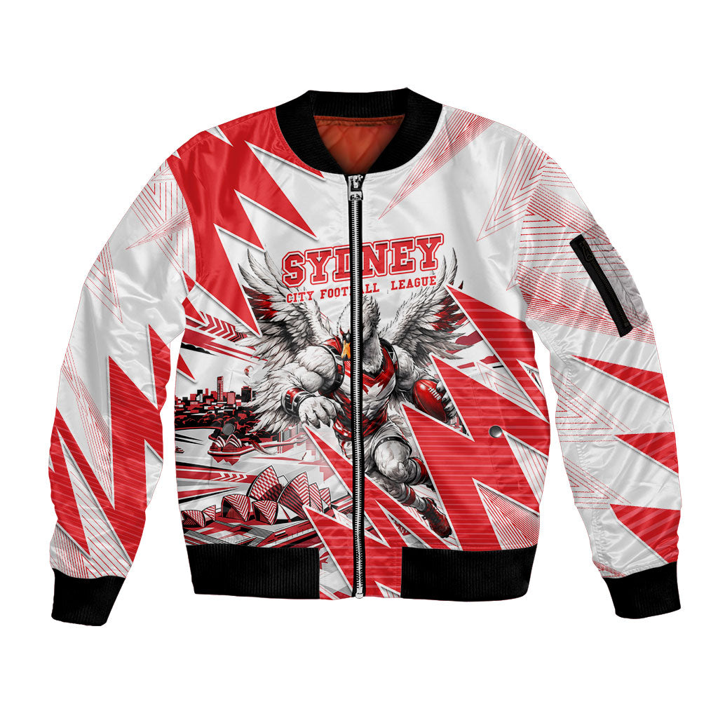 Personalised Sydney Swans Fan Pride Sleeve Zip Bomber Jacket Fierce Swan Mascot Graphic Art With Sydney City Skyline