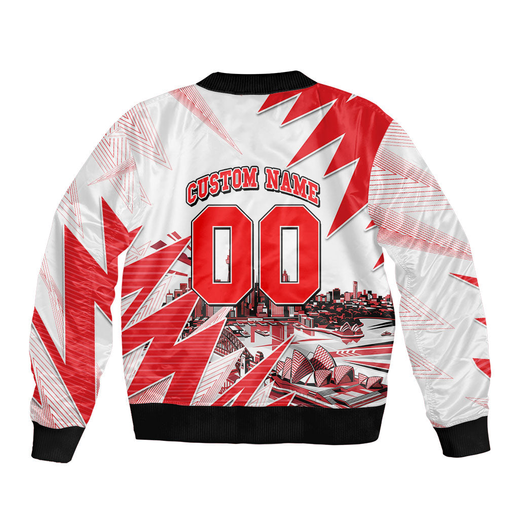 Personalised Sydney Swans Fan Pride Sleeve Zip Bomber Jacket Fierce Swan Mascot Graphic Art With Sydney City Skyline
