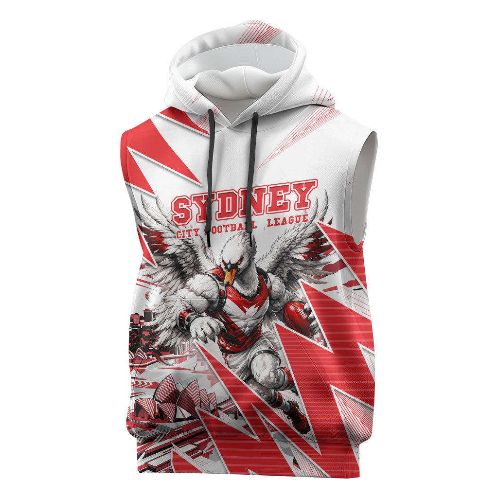 Personalised Sydney Swans Fan Pride Sleeveless Hoodie Fierce Swan Mascot Graphic Art With Sydney City Skyline