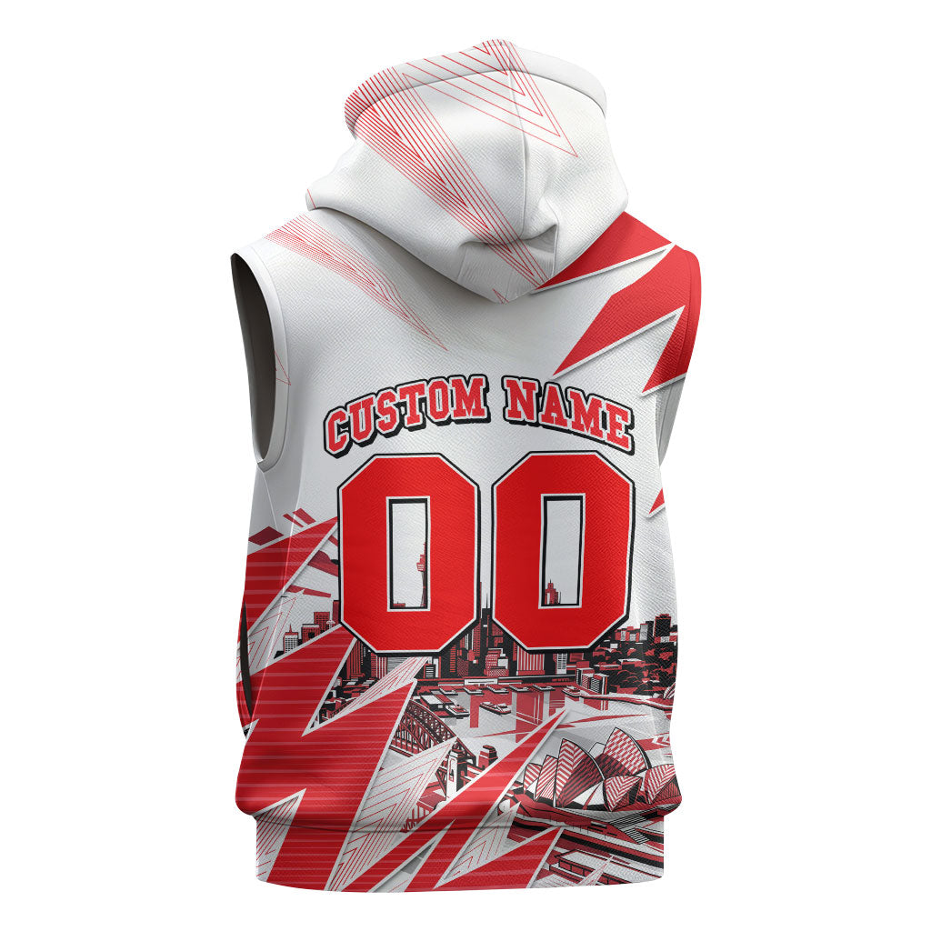 Personalised Sydney Swans Fan Pride Sleeveless Hoodie Fierce Swan Mascot Graphic Art With Sydney City Skyline