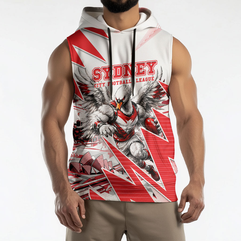 Personalised Sydney Swans Fan Pride Sleeveless Hoodie Fierce Swan Mascot Graphic Art With Sydney City Skyline