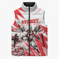 Personalised Sydney Swans Fan Pride Sleeveless Puffer Jacket Fierce Swan Mascot Graphic Art With Sydney City Skyline