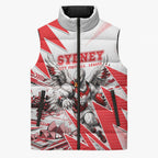 Personalised Sydney Swans Fan Pride Sleeveless Puffer Jacket Fierce Swan Mascot Graphic Art With Sydney City Skyline