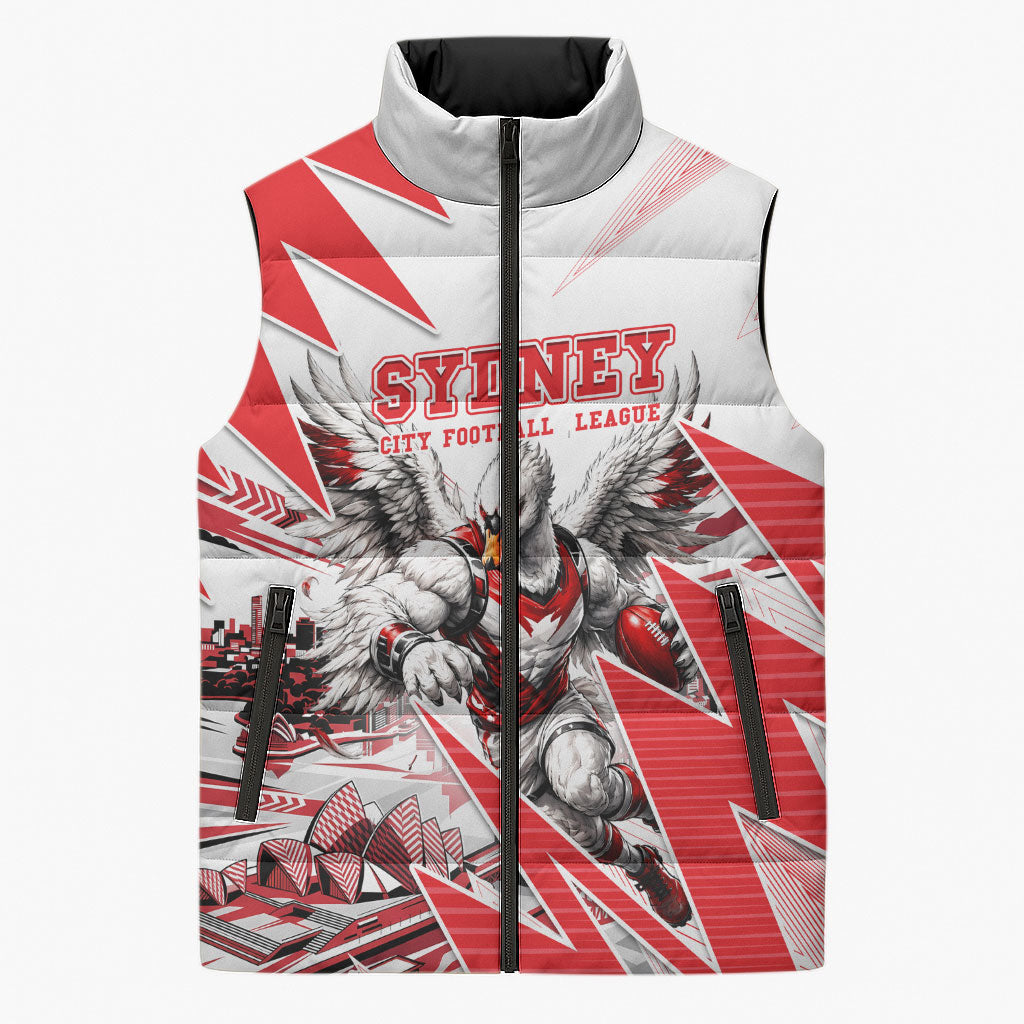 Personalised Sydney Swans Fan Pride Sleeveless Puffer Jacket Fierce Swan Mascot Graphic Art With Sydney City Skyline