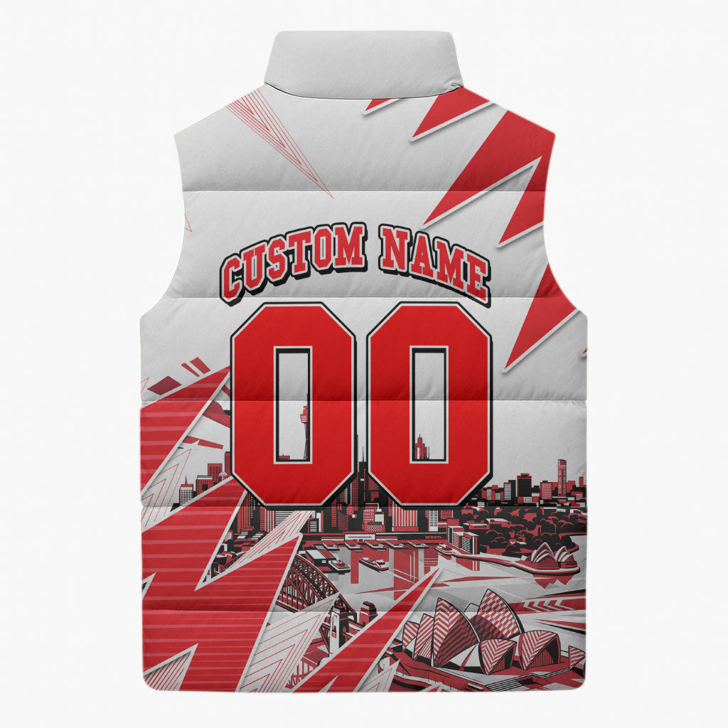 Personalised Sydney Swans Fan Pride Sleeveless Puffer Jacket Fierce Swan Mascot Graphic Art With Sydney City Skyline