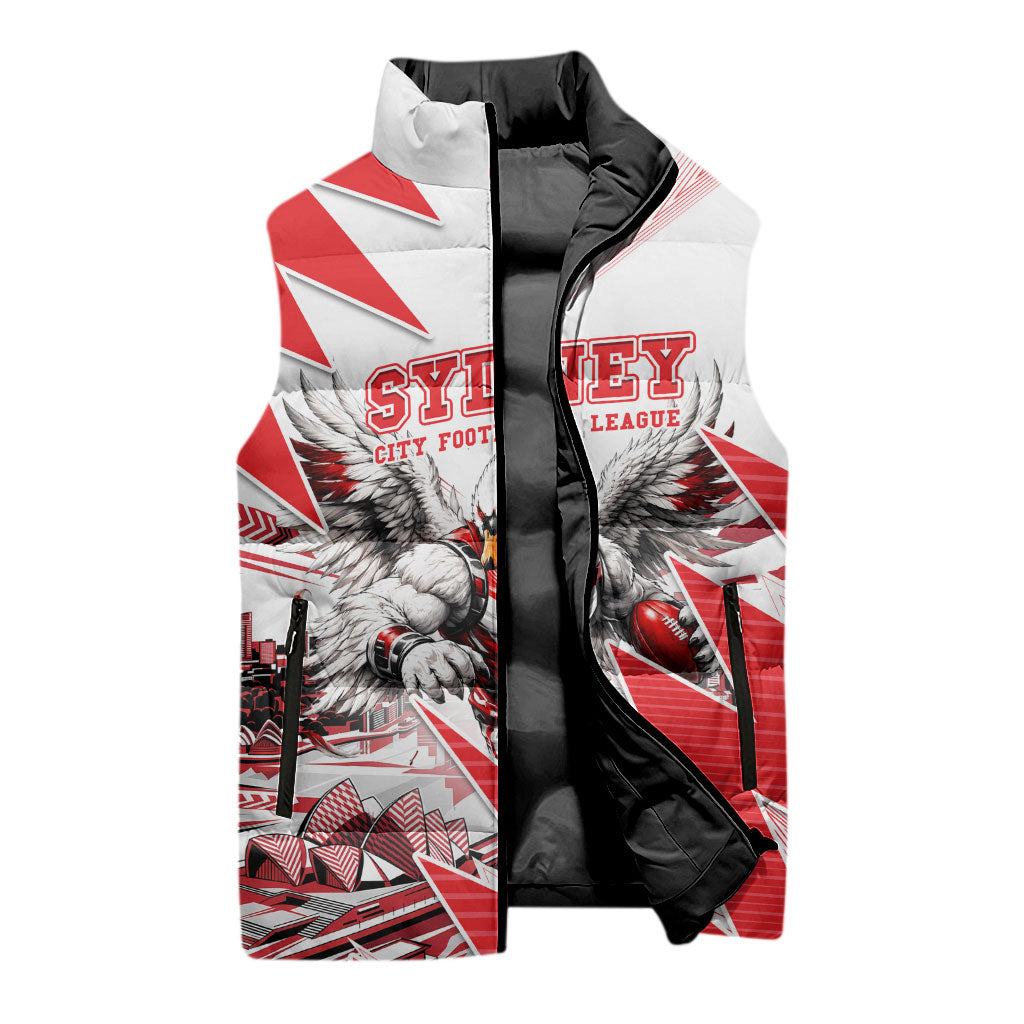Personalised Sydney Swans Fan Pride Sleeveless Puffer Jacket Fierce Swan Mascot Graphic Art With Sydney City Skyline