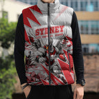 Personalised Sydney Swans Fan Pride Sleeveless Puffer Jacket Fierce Swan Mascot Graphic Art With Sydney City Skyline