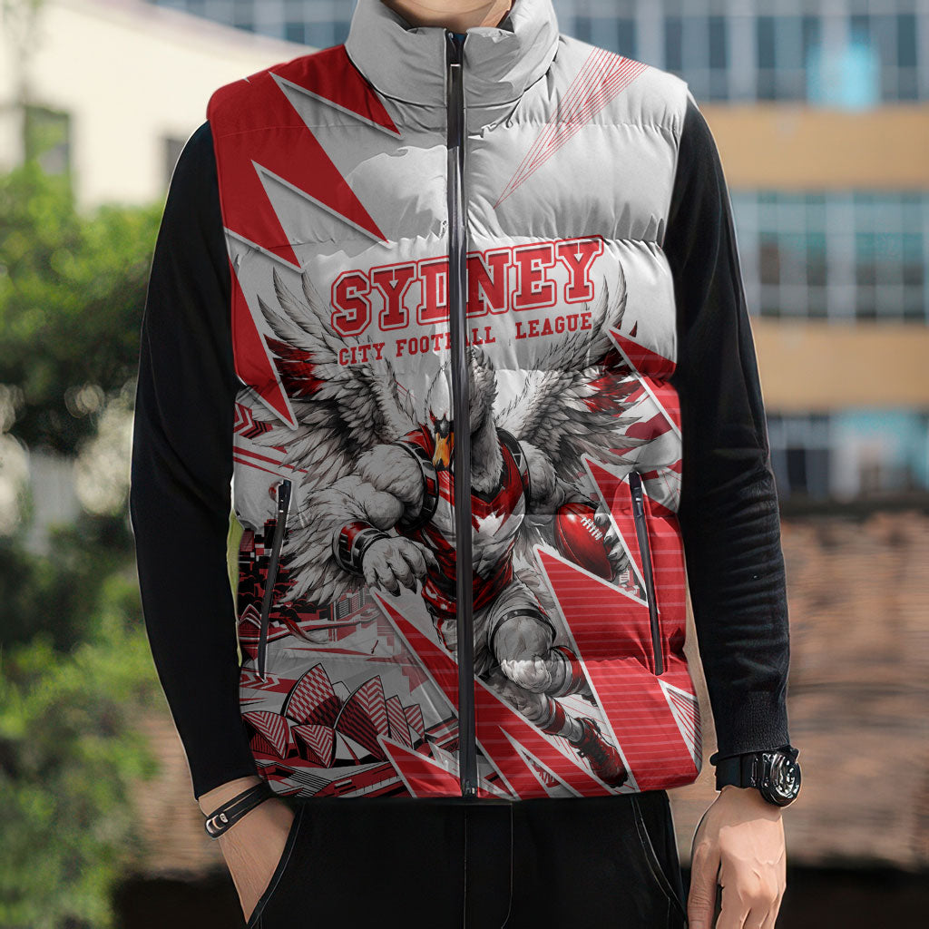 Personalised Sydney Swans Fan Pride Sleeveless Puffer Jacket Fierce Swan Mascot Graphic Art With Sydney City Skyline