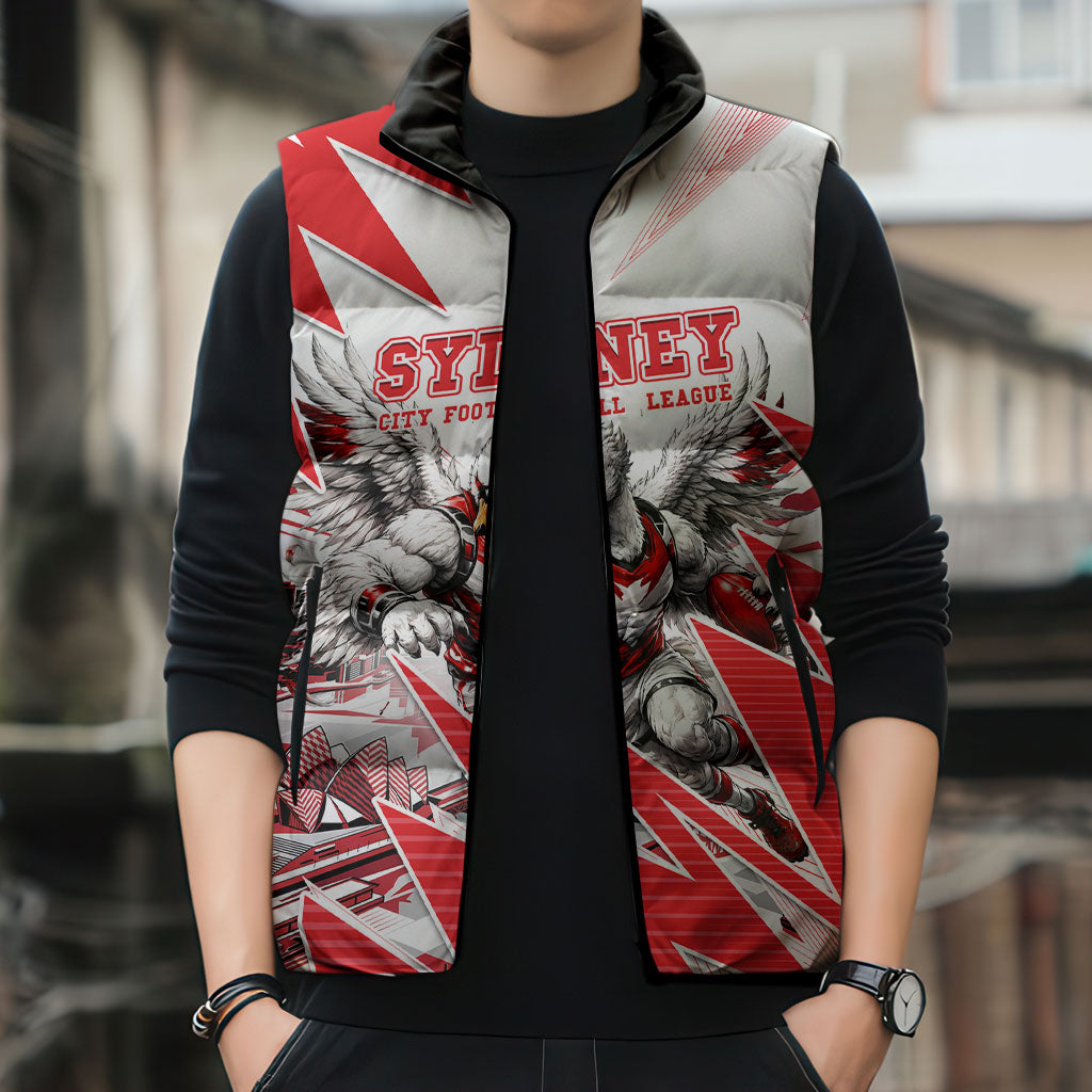 Personalised Sydney Swans Fan Pride Sleeveless Puffer Jacket Fierce Swan Mascot Graphic Art With Sydney City Skyline