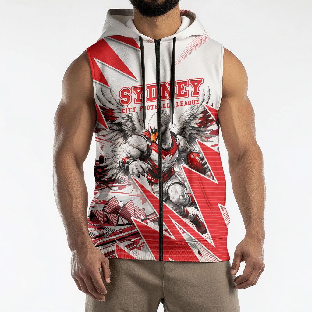 Personalised Sydney Swans Fan Pride Sleeveless Zip Hoodie Fierce Swan Mascot Graphic Art With Sydney City Skyline