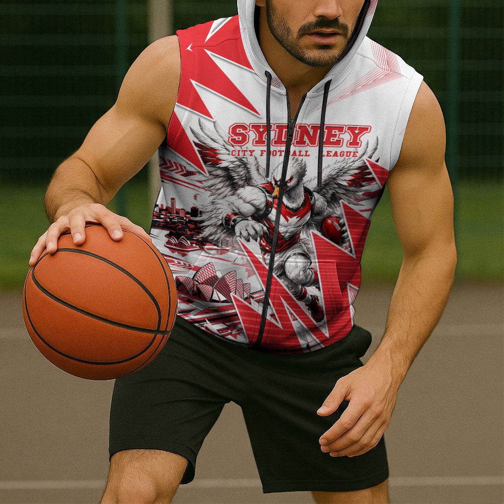 Personalised Sydney Swans Fan Pride Sleeveless Zip Hoodie Fierce Swan Mascot Graphic Art With Sydney City Skyline