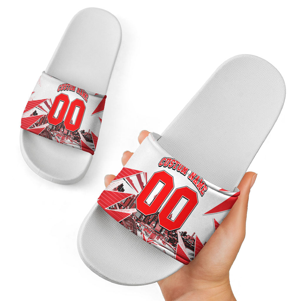Personalised Sydney Swans Fan Pride Slide Sandals Fierce Swan Mascot Graphic Art With Sydney City Skyline