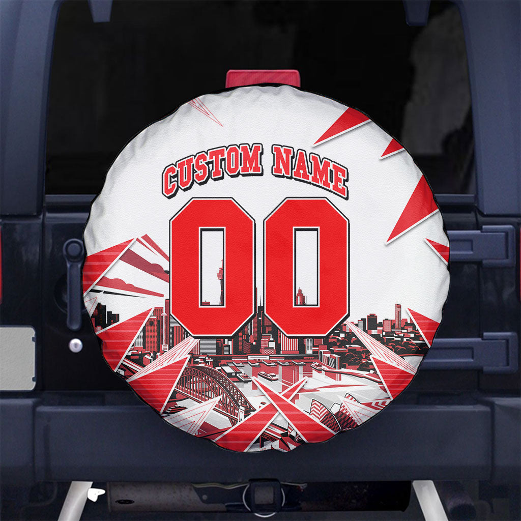 Personalised Sydney Swans Fan Pride Spare Tire Cover Fierce Swan Mascot Graphic Art With Sydney City Skyline