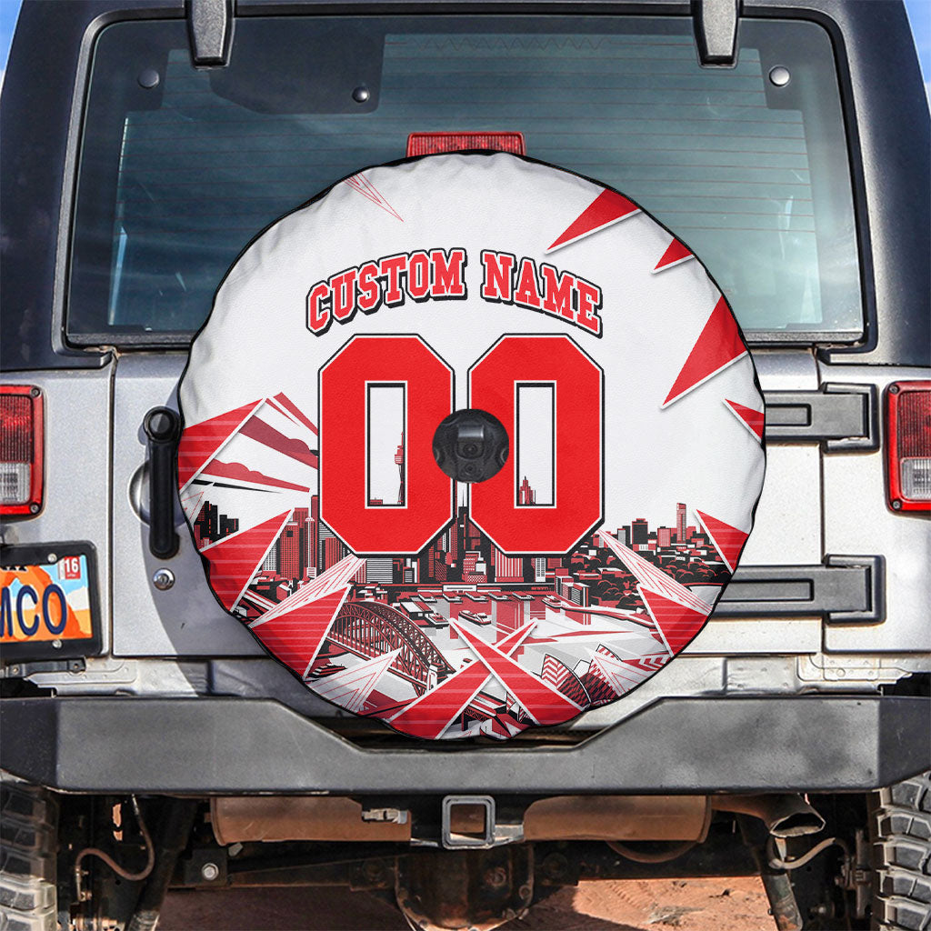 Personalised Sydney Swans Fan Pride Spare Tire Cover Fierce Swan Mascot Graphic Art With Sydney City Skyline