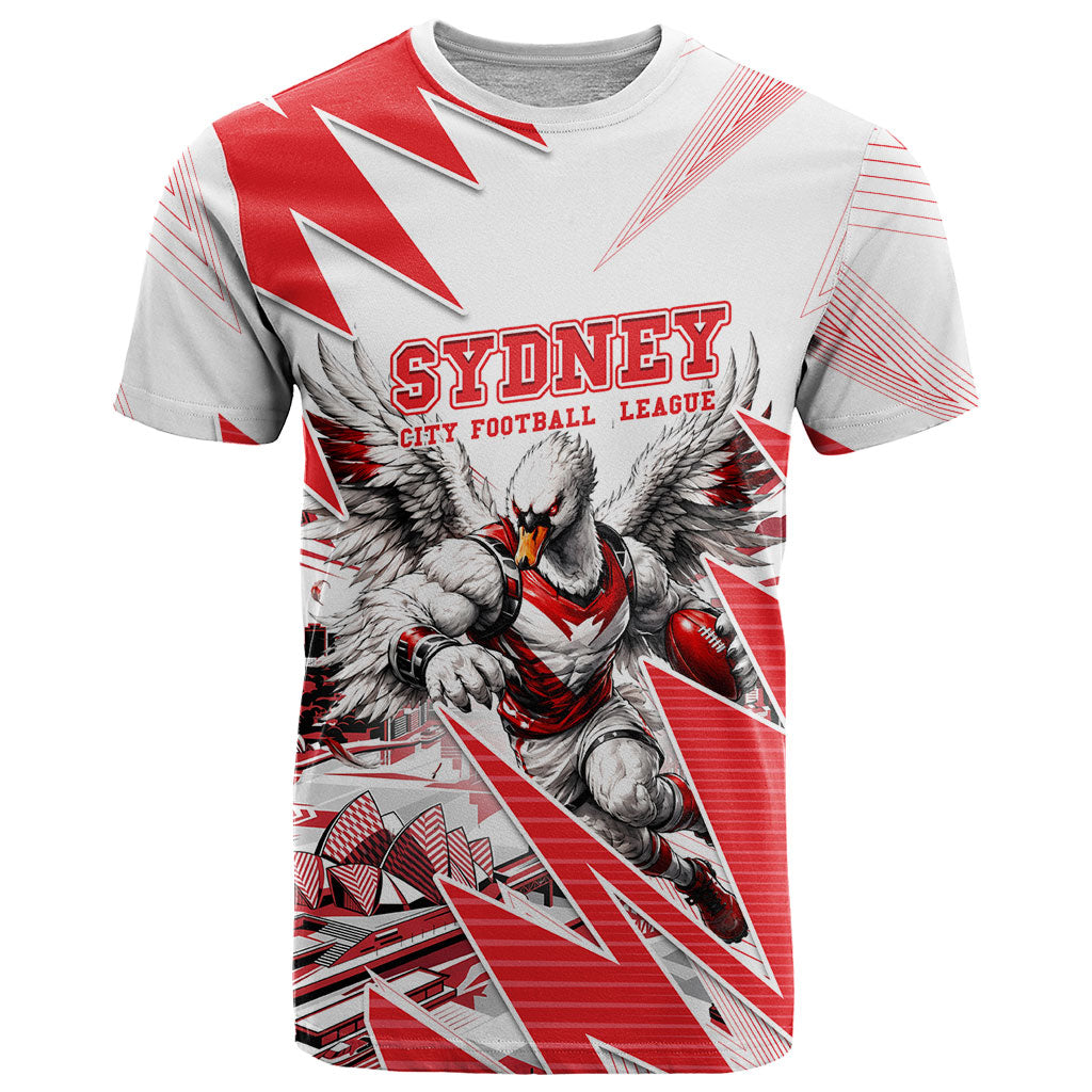 Personalised Sydney Swans Fan Pride T Shirt Fierce Swan Mascot Graphic Art With Sydney City Skyline