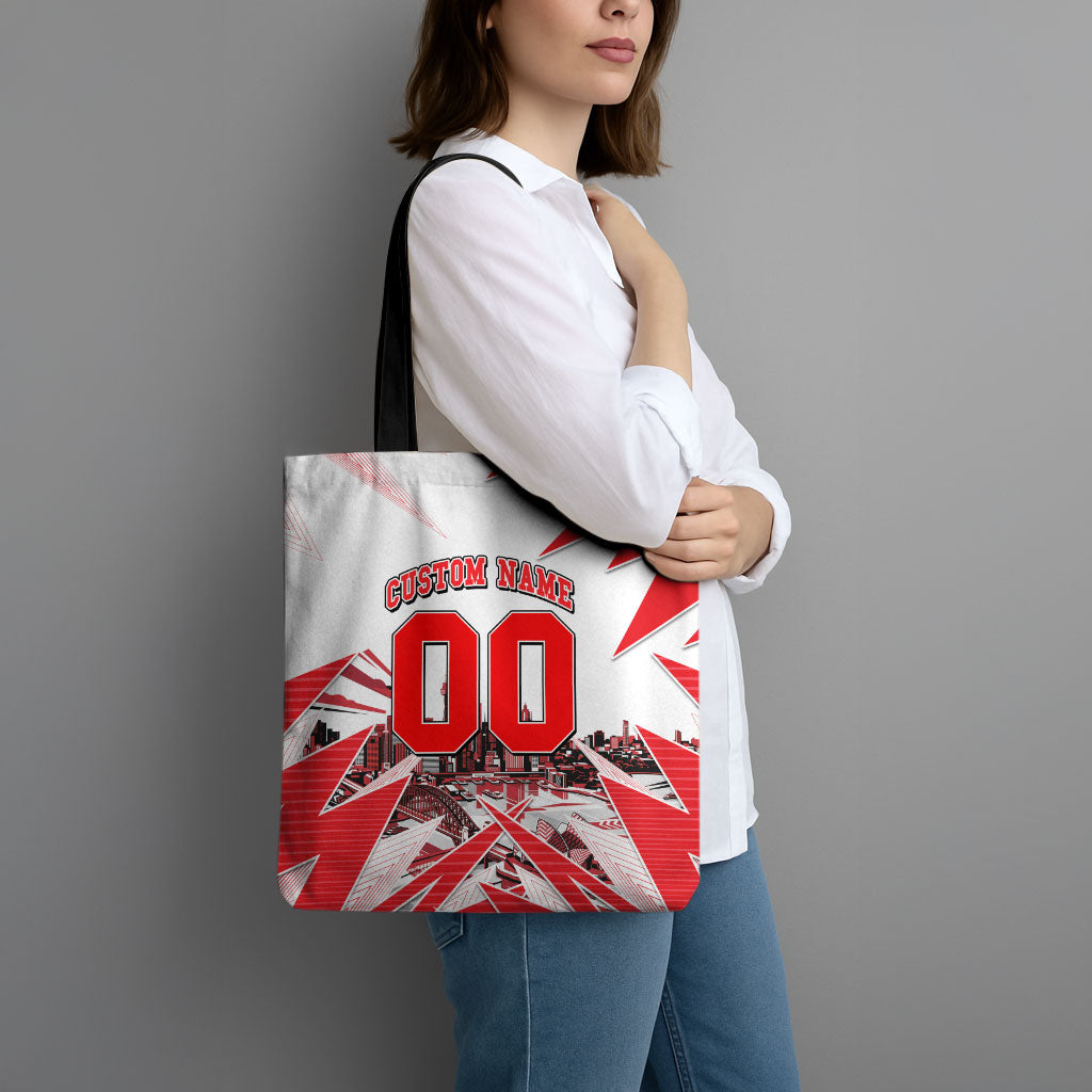 Personalised Sydney Swans Fan Pride Tote Bag Fierce Swan Mascot Graphic Art With Sydney City Skyline