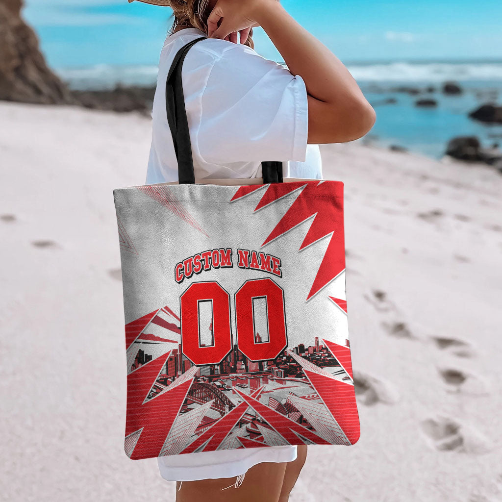 Personalised Sydney Swans Fan Pride Tote Bag Fierce Swan Mascot Graphic Art With Sydney City Skyline