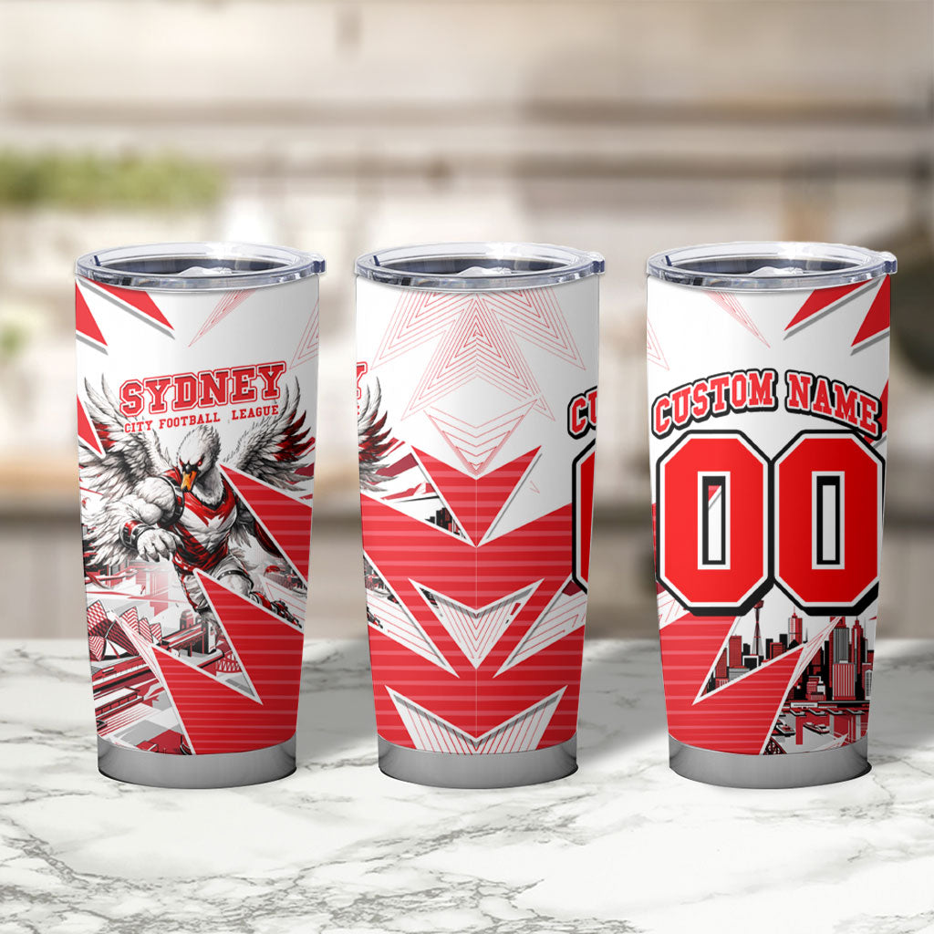 Personalised Sydney Swans Fan Pride Tumbler Cup Fierce Swan Mascot Graphic Art With Sydney City Skyline
