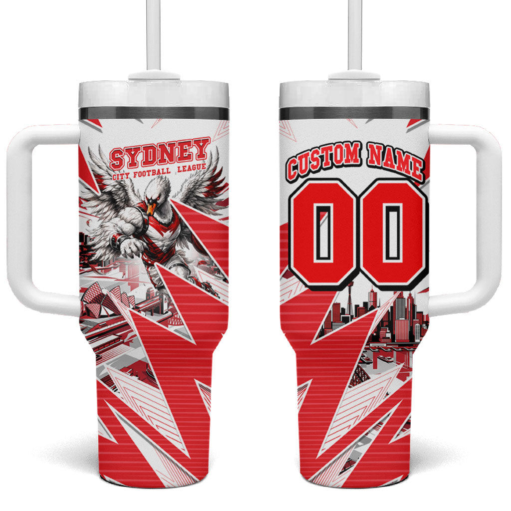 Personalised Sydney Swans Fan Pride Tumbler With Handle Fierce Swan Mascot Graphic Art With Sydney City Skyline