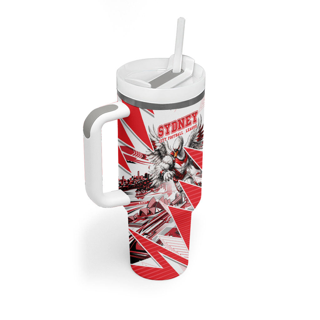 Personalised Sydney Swans Fan Pride Tumbler With Handle Fierce Swan Mascot Graphic Art With Sydney City Skyline