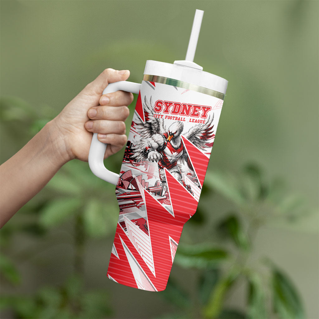 Personalised Sydney Swans Fan Pride Tumbler With Handle Fierce Swan Mascot Graphic Art With Sydney City Skyline