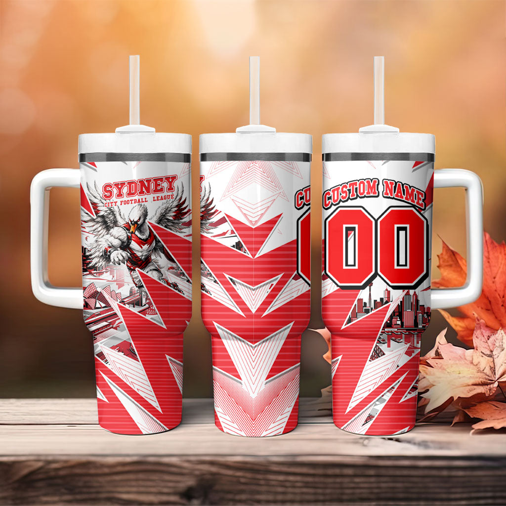 Personalised Sydney Swans Fan Pride Tumbler With Handle Fierce Swan Mascot Graphic Art With Sydney City Skyline
