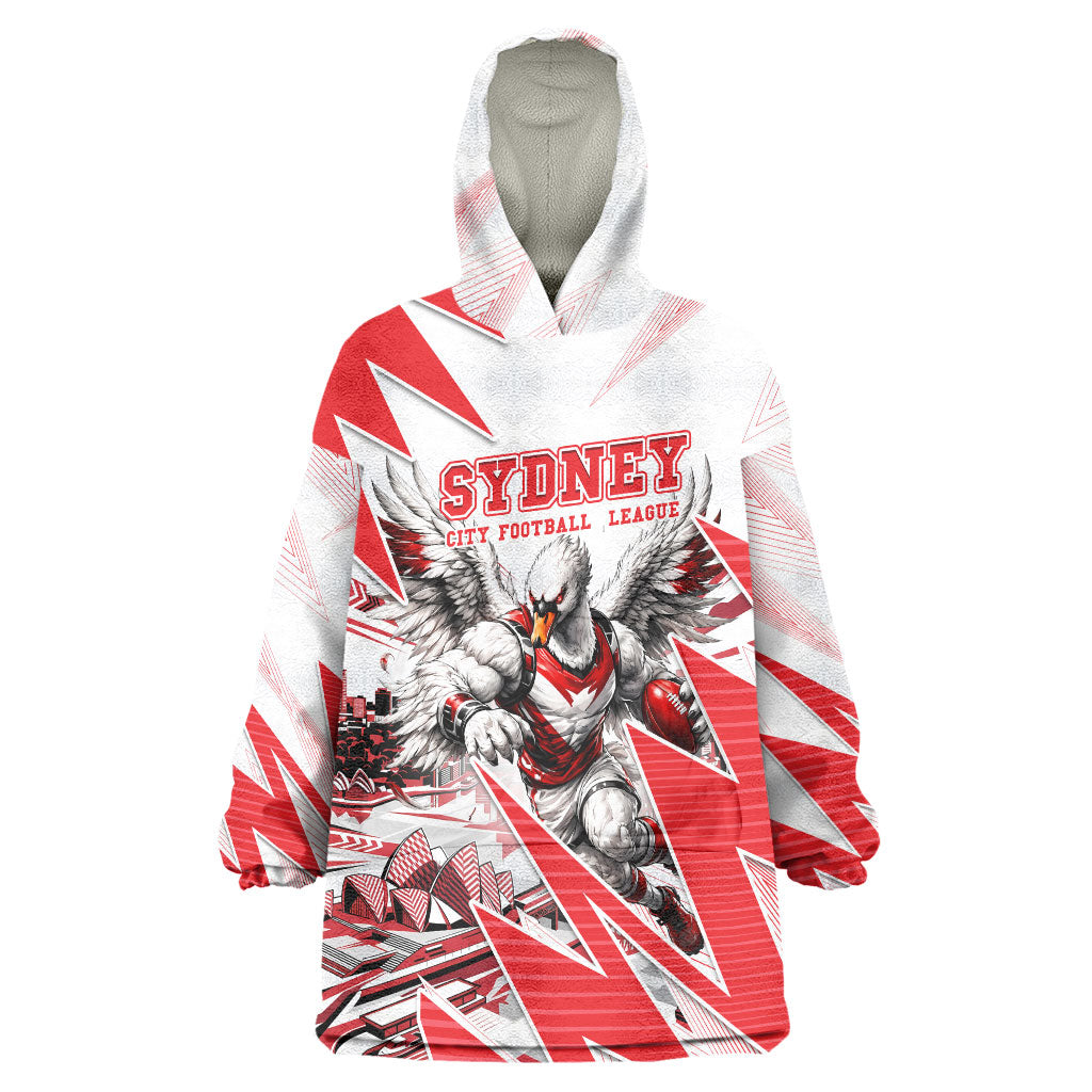 Personalised Sydney Swans Fan Pride Wearable Blanket Hoodie Fierce Swan Mascot Graphic Art With Sydney City Skyline